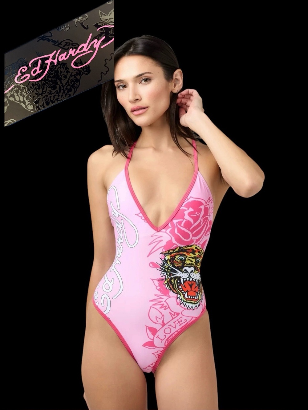 Ed Hardy Pink One-Piece Swimsuit Tiger Roses Tattoo Sz Med EHWS-2052 NEW NWT